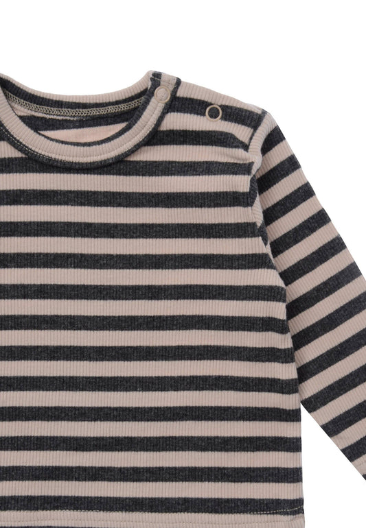 Lang t-shirt in grijs gemêleerd-beige gestreept